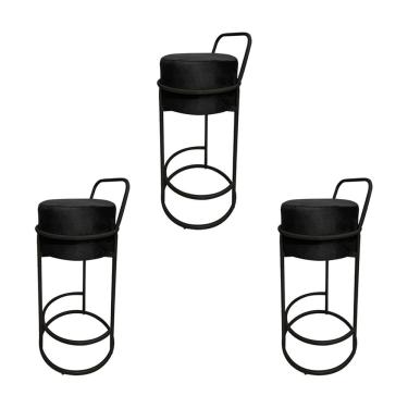 Imagem de Kit 3 Banquetas Alta Redonda Base Preta Veludo - Preto