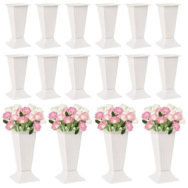 Imagem de Ninehaoou 16 baldes de flores de 25 cm de altura, baldes florais de plástico com base ajustável, vasos quadrados para peças centrais, suporte decorativo de buquê de flores para decoração de mesa de