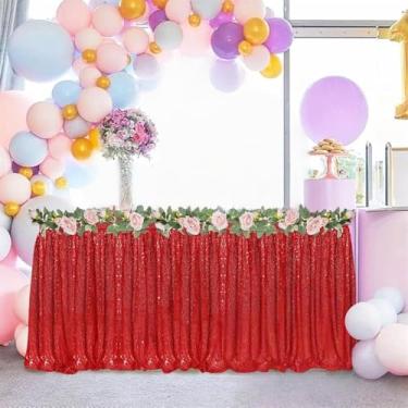 Imagem de Saia de mesa com lantejoulas, rosa, ondulado, com babados e brilhante, para chá de panela, festa de aniversário, 1 peça vermelha, 12 pés, 70 x 426 cm