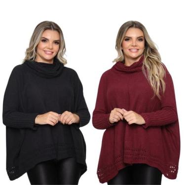 Imagem de Kit 2 Poncho Feminino Tricot Liso Gola Alta Casaco Lã Inverno - Rosile