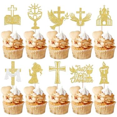 Imagem de 30 Pack Girl First Holy Communion Cupcake Toppers Glitter Cross Bible Cupcake Picks God Bless Cake Decorations for First Communion Baptism Religion Theme Birthday Party Supplies Gold