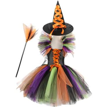Imagem de MOLFROA Conjunto de vestido tutu feito à mão para meninas para Halloween com vassoura de bruxa e chapéu de bruxa (laranja, 10-12 anos)