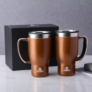 Imagem de Caneca Térmica Parede Dupla em Aço Inox Marrom 700ml com Tampa Rosqueável - Estilo Texturizado
