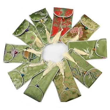 Imagem de Only My Live Home Bolsas femininas para celular com alça de tecido para óculos bolsa de joias atacado brocado de seda chinesa sacos de embalagem 10 peças (17 x 8 cm, padrão aleatório verde (10 peças))