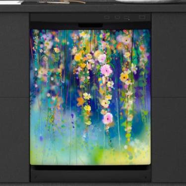 Imagem de Aquarela flores capa magnética para lava-louças adesivos magnéticos reutilizáveis capas de porta de lava-louças 53 cm L x 66 cm A adesivos de painel de máquina de lavar roupa decoração de cozinha para