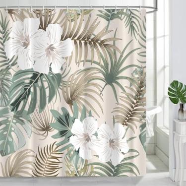 Imagem de PAOPOED Cortina de chuveiro tropical para banheiro, palmeira verde, flor, planta, boho, banana, monstera, bege, conjunto de cortinas de chuveiro, acessórios de banheiro de tecido com ganchos 182 x 213