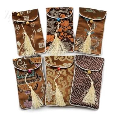 Imagem de Only My Live Home Bolsas femininas para celular com alça de tecido para óculos bolsa de joias atacado brocado de seda chinesa sacos de embalagem 10 peças (17 x 8 cm, padrão aleatório de café (10 peças