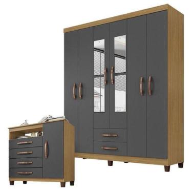 Imagem de Guarda Roupa Casal Modena Com Espelho 6 Portas E Cômoda Sapateira Cann