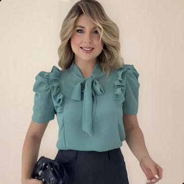 Imagem de Blusa Feminina Social Manga Curta Bufante com Laço e Babados - G-Store