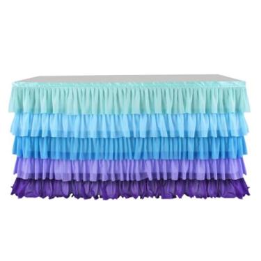 Imagem de Saia de mesa resistente a manchas, colorida, multicamadas, com babados, retangular, redonda, reutilizável, arco-íris para praia, azul, roxo, 60 * 180 cm