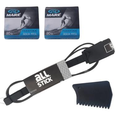 Imagem de Leash Cordinha Prancha De Surf Regular 6mm + 2 Parafina + Porta Parafina + Raspador Strep Resistente e Performance Kit Surf Completo (Agua Fria, Preto)