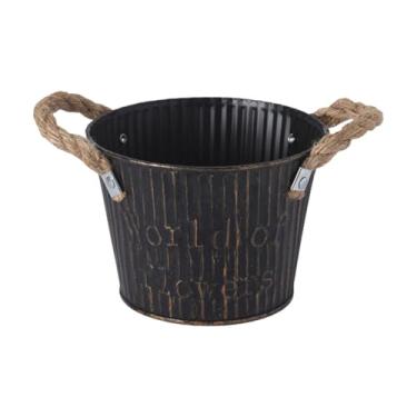 Imagem de WeiLaiKeQi Balde de flores, recipiente para plantas com alças, rústico, ferro, vaso de flores, vaso de plantas de jardinagem para deck, café, corredor, Preto