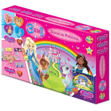 Imagem de 3 Jogos em 1 Sonho de Princesa Quebra Cabeça, Memória, Dominó, GGB Plast, Multicor