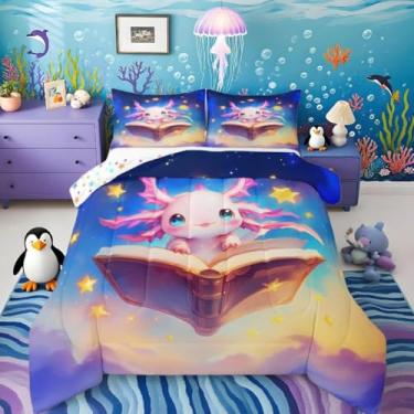 Imagem de Lindo conjunto de cama Axolotl para meninas, meninos, crianças, tamanho casal, salamandra, decoração de quarto, galáxia, oceano, vida marinha, edredom, 3 peças, roupa de cama, respirável, macia e leve