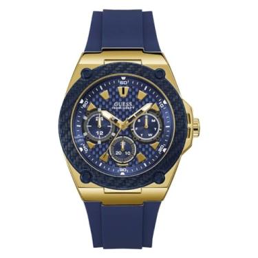 Imagem de GUESS Relógio masculino de quartzo de aço inoxidável com pulseira de silicone, Azul/dourado/azul, Legado