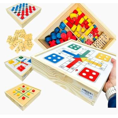 Imagem de Jogos de Mesa GRANDE 4x1 Dama, Ludo, Dominó, Jogo da Velha Classicos Jogos de Tabuleiro 4 em 1 Caixa De Madeira Tabuleiro MDF