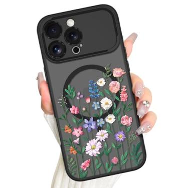 Imagem de AIGOMARA Capa magnética para iPhone 16 Pro, compatível com Magsafe, lindo design floral de flores coloridas para mulheres e meninas, capa de telefone fina translúcida fosca grande proteção para câmera