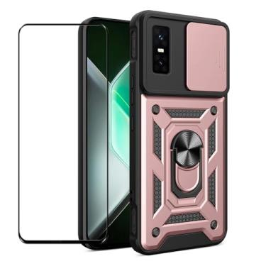 Imagem de CNPUTAO Capa para Infinix GT 30 pro 5G com protetor de tela de vidro temperado, janela deslizante para câmera, suporte, capa de telefone de camada dupla antiarranhões à prova de choque, ouro rosa