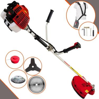 Imagem de Roçadeira À Gasolina Kawashima KW43-L 43cc 1,7HP 10.000rpm Motor 2T Com Lâmina 3 Pontas + Lâmina 40 Dentes Vídea + Escova de Aço + Carretel de Nylon