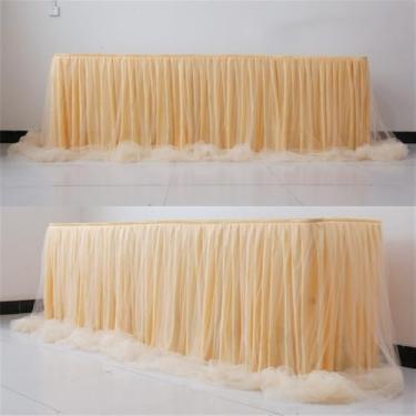 Imagem de Saias de mesa de tule branco para toalha de mesa retangular de casamento para decoração de festa de aniversário, douradas e douradas, C,9 pés x A,30 pol.