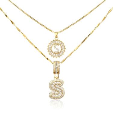 Imagem de MINDEKA Pacote com 2 colares femininos com inicial de zircônia cúbica banhada a ouro 14K, joias delicadas com inicial inicial para mulheres, colar com pingente de alfabeto A-Z personalizado, 18"+2