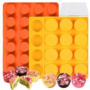 Imagem de AICMEI Conjunto de moldes de disco de bolo, moldes de silicone cobertos de chocolate com 24 cavidades, moldes redondos de bolo com 2 espátulas para núcleos de bolo DIY, pakepucks, sobremesas de