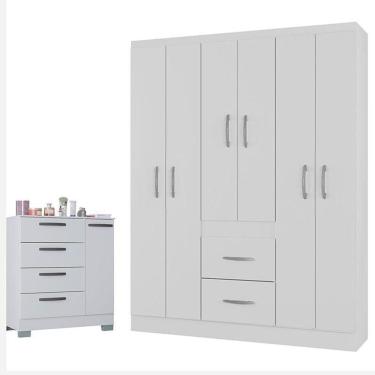 Imagem de Cômoda 868 4 Gavetas E 1 Porta Com Guarda Roupa Casal Milão 6 Portas Branco Brilho - Poquema