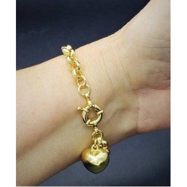Imagem de Pulseira de Elos Portugueses 8mm Pingente Coração Banho De Ouro 18k 37