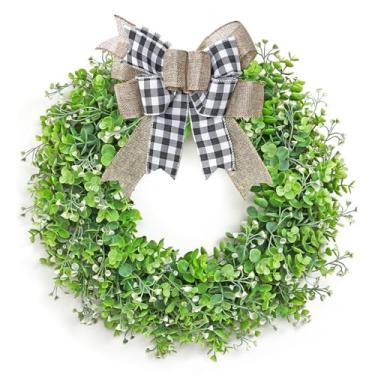 Imagem de Betylifoy Guirlanda artificial de eucalipto para porta da frente, guirlandas de folhas de bordo verde de 56 cm com flor branca para primavera, verão, para janela, parede, varanda, fazenda e jardim