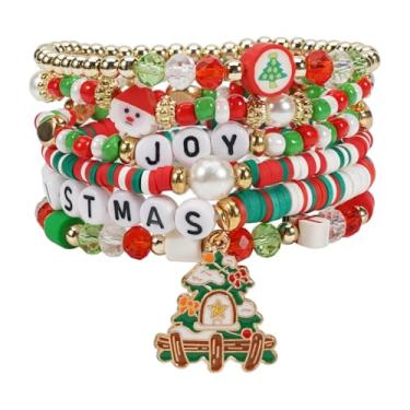 Imagem de Pulseiras de Natal para mulheres Heishi Surfer Polymer Clay Stretch Joy & Merry Candy-Style Stacks para mulheres e adolescentes - Presentes de Natal perfeitos, One Size, Miçangas, Sem Pedra Preciosa