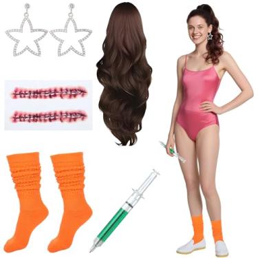 Imagem de Mepase 7 peças de acessórios femininos mutantes de Halloween, incluindo peruca de rabo de cavalo, adesivos de cicatriz, caneta esferográfica de agulha laranja e brincos de estrela, fantasia de terror