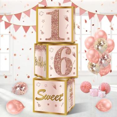 Imagem de Caixas de decoração de festa Guiruiy Sweet 16 Pink Rose Gold x3