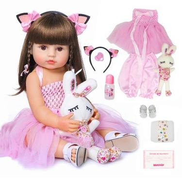 Imagem de Boneca Bebê Reborn Brastoy Gatinha Realista 48cm Silicone Conjunto de 