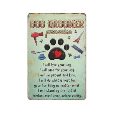 Imagem de GOPUTRYEN Placa de lata de promessa do Dog Groomer, arte de parede de salão de beleza de cães, presente para amantes de cães, decoração de cuidados com animais de estimação, pegadas de cães, placa de