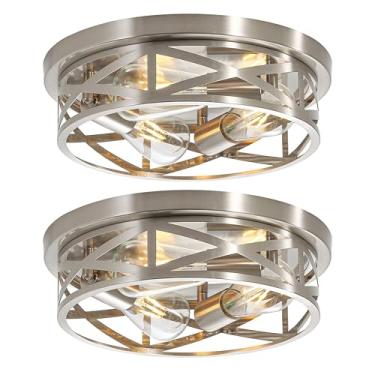 Imagem de Luminária de teto de montagem nivelada de níquel escovado de 33 cm, pacote com 2 gaiolas de metal perto de luzes de teto, base E26 moderna, luzes de teto para cozinha, corredor, quarto, sala de estar