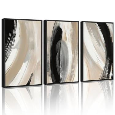 Imagem de KUVIOKE Arte de parede emoldurada abstrata moderna preta neutra minimalista tinta e lavagem grafite pastel decoração de parede para quarto sala de estar 30,5 x 40,6 cm (moldura preta)