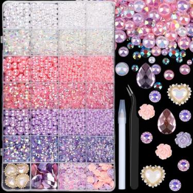 Imagem de 11200 peças de pérolas planas e strass de resina para artesanato, rosa roxo 3-8 mm meias pérolas e strass de geleia de 3-6 mm com ferramentas de captação, pedras de gota para unhas de artesanato DIY
