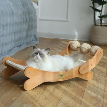 Imagem de RizzQi Cama arranhadora para gatos, tábua de arranhar, rede, espreguiçadeira de madeira de faia com brinquedos de bola de sisal, grande, confortável, adequada para todos os tipos de raças, arranhar e