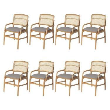 Imagem de Conjunto 8 Cadeiras De Jantar Florença Em Madeira Jequitibá Natural Braço Encosto Palha Linho Cinza