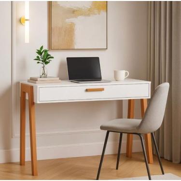 Imagem de Mesa Escrivaninha Aparador Pés Madeira Quarto Estudo 90x40 Branco - De
