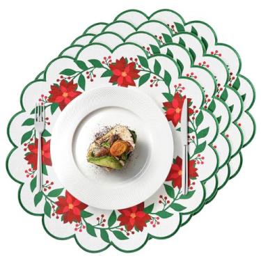 Imagem de Conjunto de 4 jogos americanos de flores de Natal, jogo americano de linho de algodão de 38 cm com bordado recortado, lavável, sem rugas, tapetes de mesa sazonais para jantar, cozinha, festa