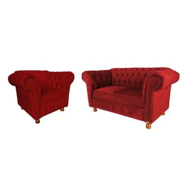 Imagem de Conjunto Sofa Namoradeira Chesterfield Capitone Luis XV Suede Vermelho / decoracao, sala tv estar, recepcao