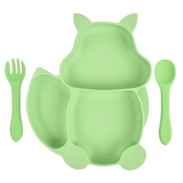Imagem de Prato Infantil Silicone de Gatinho com Divisórias, Ventosa e Talheres (Verde)
