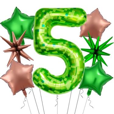 Imagem de 7Pcs 40 inch Green Pixel Pattern Number 5 Balloon Set with Exploding Star and Star Foil Balloons for Birthdays and Themed Parties