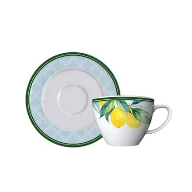 Imagem de Germer, Xícara e pires para chá em porcelana, modelo Versa, Malta, 240 ml, Branco com detalhes em azul e amarelo