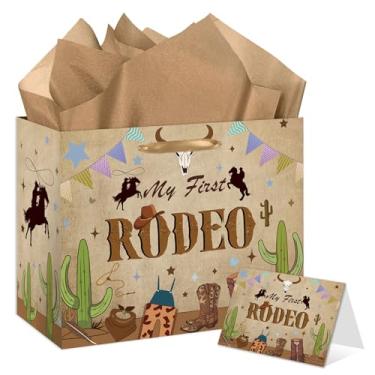 Imagem de HSKMAKE Bolsa de presente de aniversário de cowboy - My First Rodeo com tema ocidental com cartão e papel de seda ou decoração de festa de aniversário para meninos - lembrancinhas de festa de cowboy