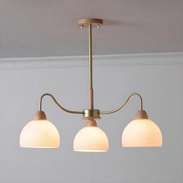 Imagem de Lustre moderno com 3 luzes, luminária de teto, luminária de sala de jantar sobre a mesa com vidro canelado, lustres suspensos de madeira com cúpula para cozinha, ilha e quarto