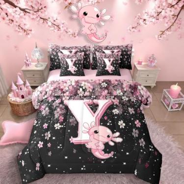 Imagem de Erosebridal Jogo de cama solteiro com axolote fofo em uma bolsa, 7 peças, para crianças, meninas e adolescentes, conjunto de edredom com letra Y com lençol de cima com lençol de cima (rosa e branco)