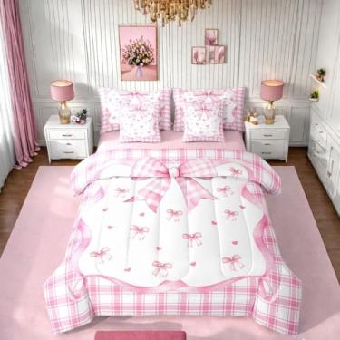 Imagem de Erosebridal Jogo de cama com laço em uma bolsa, tamanho casal, rosa, meninas, para crianças, mulheres, homens, ultramacio, com laço e quadriculado, 7 peças