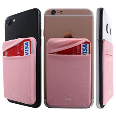 Imagem de [Dupla segurança] Suporte de cartão de crédito com tampa na carteira discreto suporte de identidade Lycra Spandex para smartphones, capa carteira para celular iPhone Galaxy 3M adesivo, Rose Gold